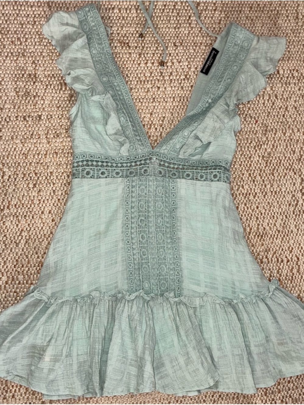 Boho Mint Lace Mini Dress | Cottagecore Ruffle Summer Beach Deep V-Neck Medium
